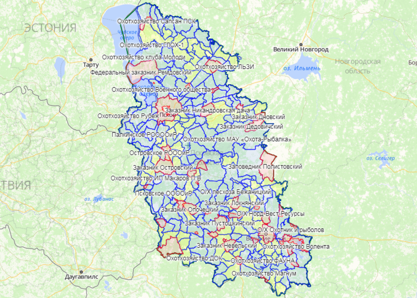 Охотугодья псковской области карта