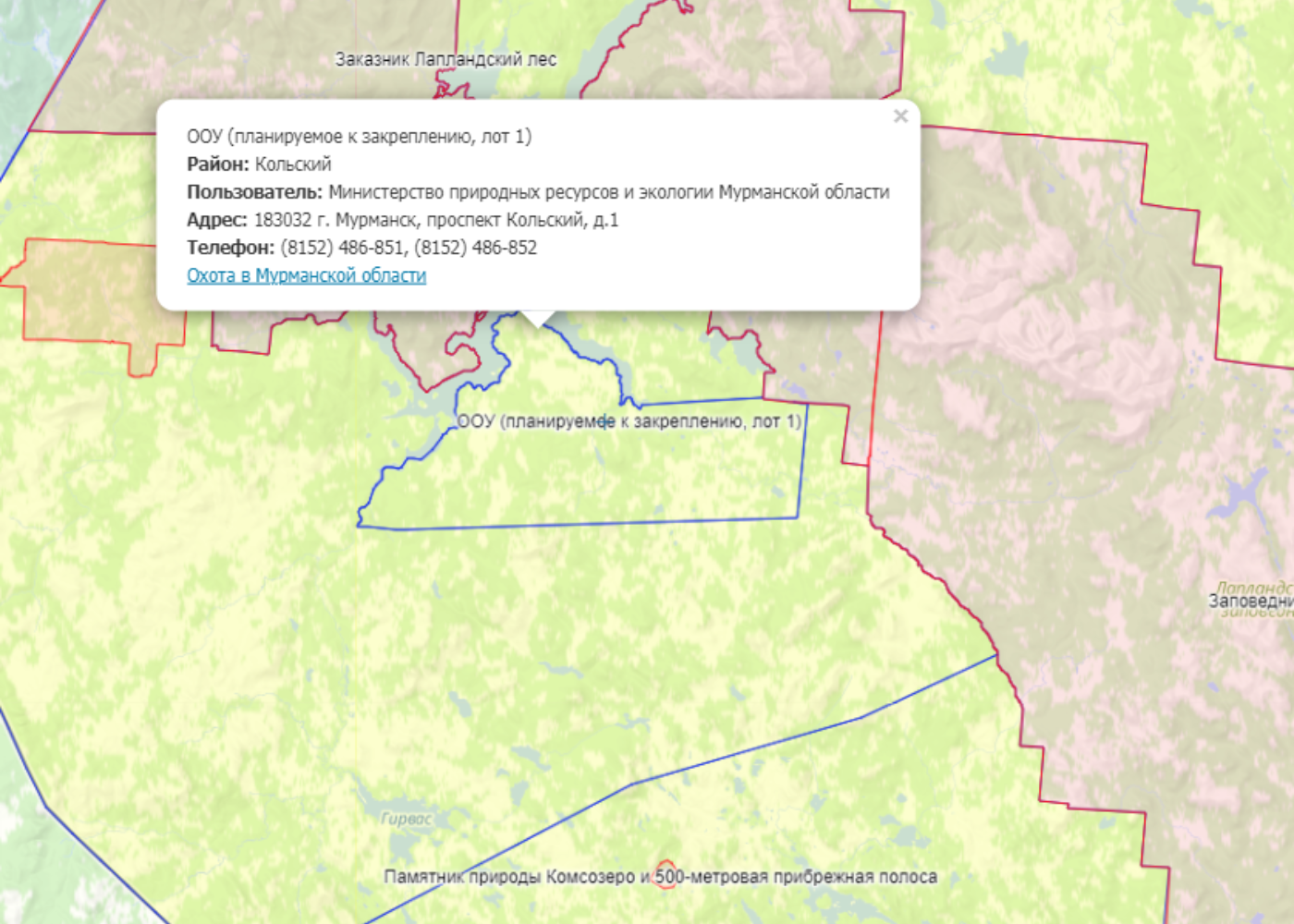 Участок к закреплению Кольский район - Карта охотника